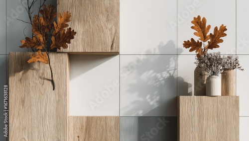 A minimalist composition featuring wooden and white squares, dried leaves, and small vases in neutral tones with soft lighting