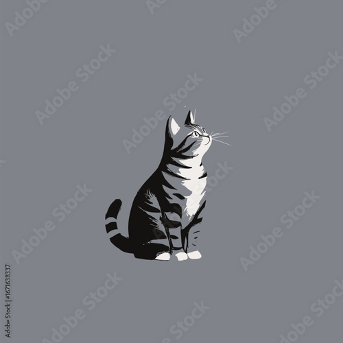 A striped cat sits attentively, gazing upwards with bright eyes. The cats fur displays distinct markings, and the grey backdrop enhances its features and expression.