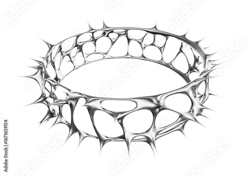 An abstract sculpture of a fluid metallic ring, designed as a spiky web. The design blends organic flow with a dangerous, futuristic aesthetic.