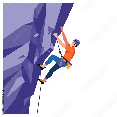 Person Climbing Rock Face with Safety Equipment