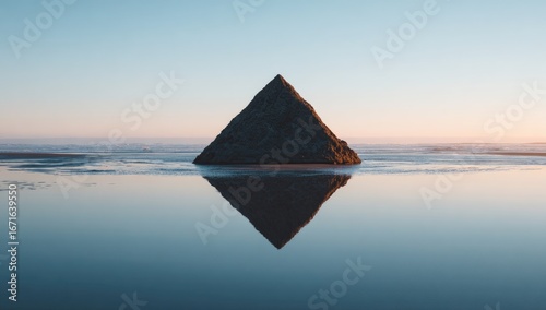 Triangle rock in water, reflected beautifully under pastel sunrise