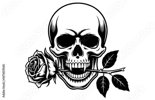 Skull with a rose in its mouth for edgy and alternative brand identity and apparel designs
