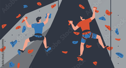 Two athletic men practicing their bouldering skills on an indoor artificial rock wall, a challenging and adventurous sport and hobby