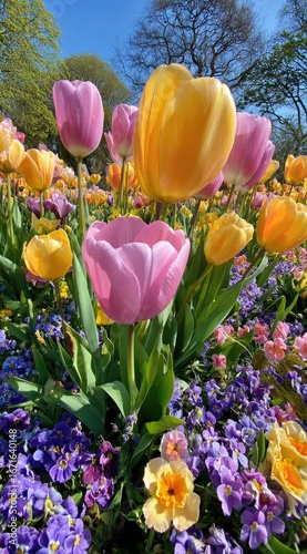Vibrant flowerbed pink, yellow tulips & purple pansies under a blue sky