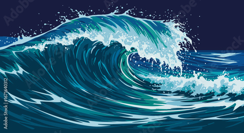 Ocean Wave Illustration with Intense Blues and Greens