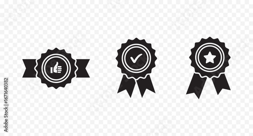 Approved or certified medal icon in a flat style. Rosette icons. Approval check symbol. Winning award, prize, medal or badge. Verified medal icon. set Approved certified icon.  eps 10