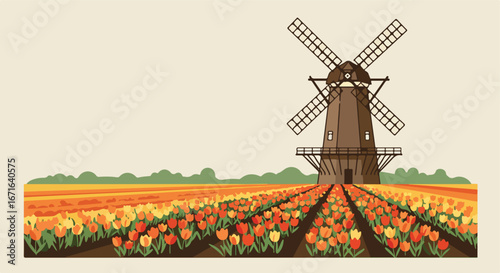 Windmill Stands among Blooming Tulips in the Dutch Countryside