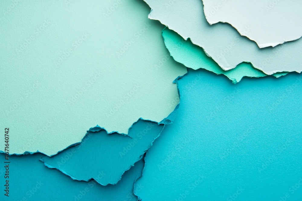 Obraz premium A vibrant abstract design features layered, torn shapes of pastel teal, mint, and light blue hues.