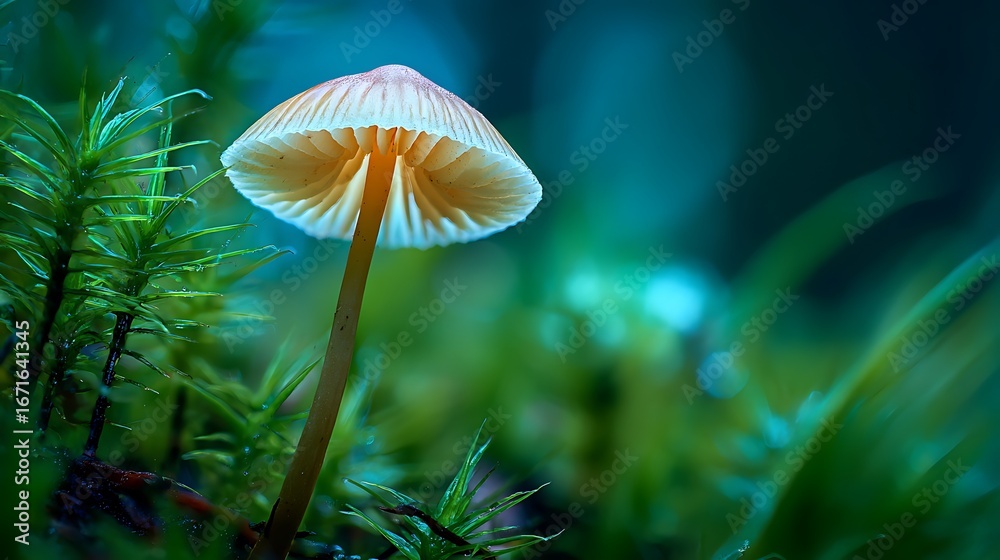 Fototapeta premium Magnified tiny mushroom exhibiting fine gills among rich vegetation 