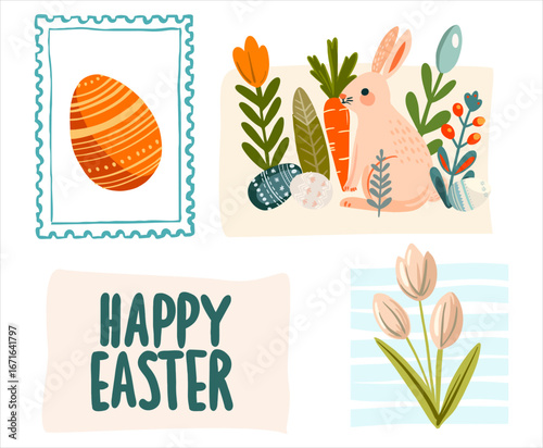 Happy Easter! Vector set of illustrations for print design. Modern, cute pictures in flat style.