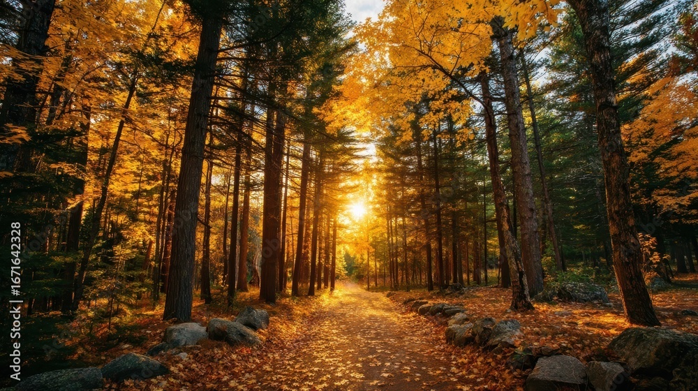 Naklejka premium A golden autumn forest path bathed in sunlight, with fallen leaves and tall trees creating a serene and peaceful atmosphere