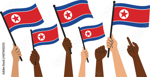 North Korea Protest Vector – Raised Hands with Flags & Political Gesture Illustration