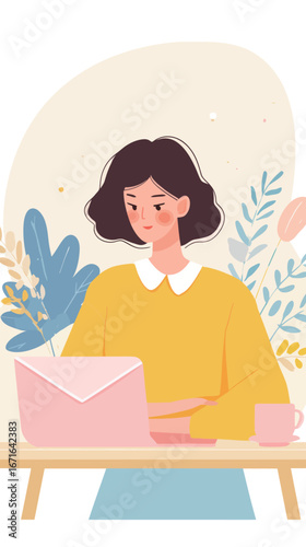 A young woman sits at a bright desk, focused on her laptop. She wears a yellow sweater and is surrounded by greenery and a warm cup of coffee, creating a cozy atmosphere.