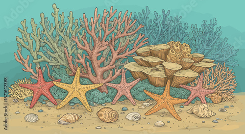 Coral Reef Life Starfish and Shells on Sandy Seabed