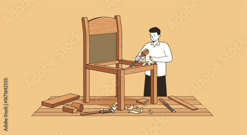 , keywords, and category for the image

 Man Shaping Wooden Chair Frame in Workshop (Illustration)