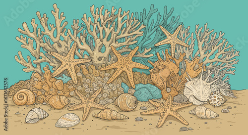 Sea Treasures Starfish and Shells Amidst Coral Reefs