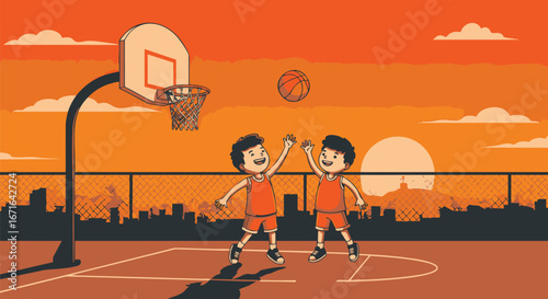 Two cheerful young boys enjoying a friendly game of basketball on an outdoor city court during a beautiful sunset