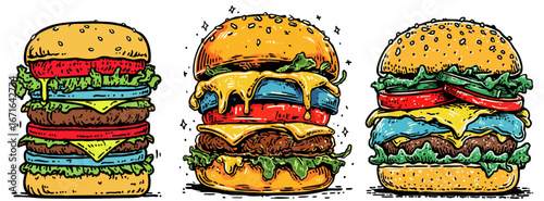 Three colorful cartoon-style burgers with melted cheese, lettuce, tomato, and onion on a transparent background