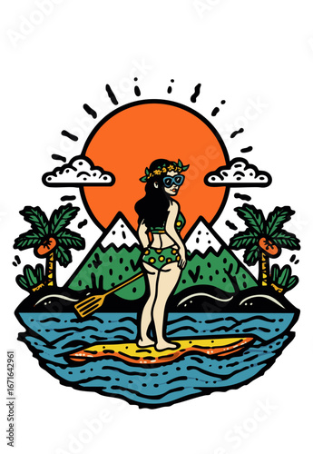 Old school tattoo style illustration of a woman stand up paddling at sunset in a tropical paradise, transparent background