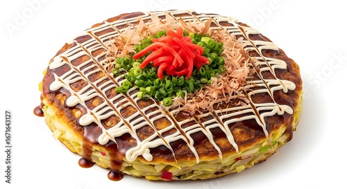 A delicious okonomiyaki, a savory Japanese pancake, is presented from a top-down perspective, garnished with mayonnaise, sauce, bonito flakes, and green onions.