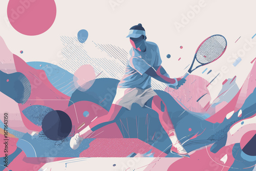 Athlete wearing a blue shirt and white shorts prepares to strike a tennis ball with a racket amid a vibrant abstract backdrop featuring bold colors and shapes.