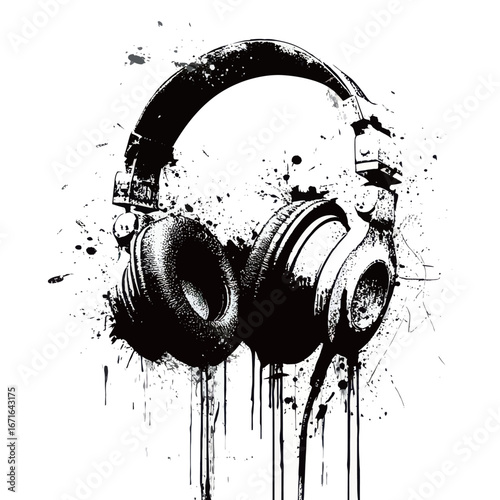 An artistic representation of headphones features a striking black and white design with paint splatters, showcasing creativity and a passion for music, perfect for visual appeal.