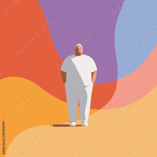 A person dressed in white stands firmly with hands in pockets, surrounded by vibrant abstract colors, conveying a sense of confidence and artistic expression.
