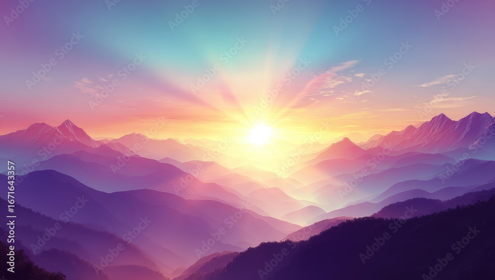 Obraz premium Sunburst over misty purple mountains