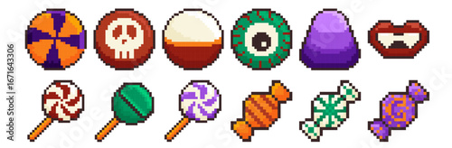 Halloween spooky candy pixel art retro game icon set, vector illustration