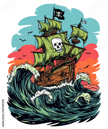 Pirate ship sailing through rough seas at sunset with transparent background
