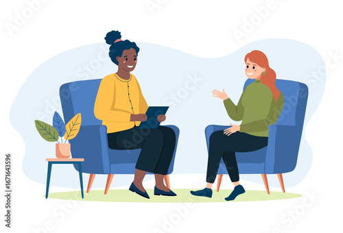 Psychotherapy session - woman talking to psychologist. Female patient in armchair and female psychologist. Mental health concept. Flat vector illustration.