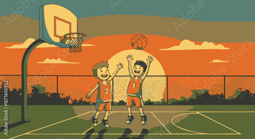 Childhood friends competing in a basketball match at dusk, jumping for the ball under a vibrant sunset