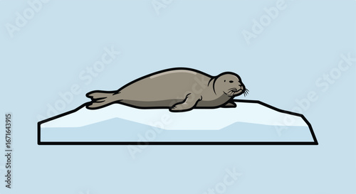 Cartoon Seal Resting on Iceberg, Isolated Against a Light Blue Background