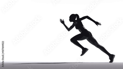 A woman is depicted in a running posture, her silhouette stark against a light background, capturing the essence of speed and determination during athletic training.