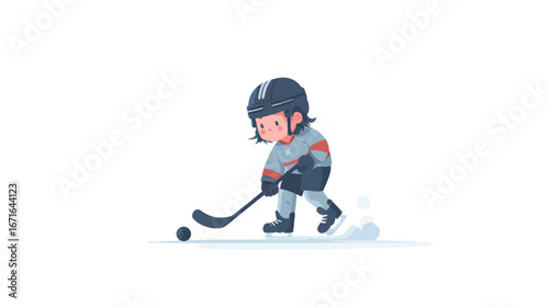 A young hockey player dressed in grey gear skillfully skates on the ice while handling a black puck. The scene captures the energy of practice and youthful enthusiasm for the sport.