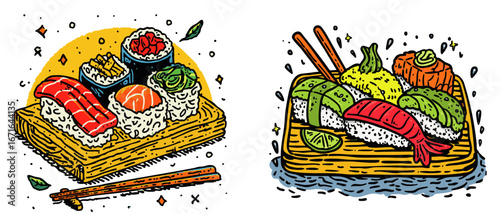 Sushi platter with chopsticks floating on water in cartoon style with transparent background