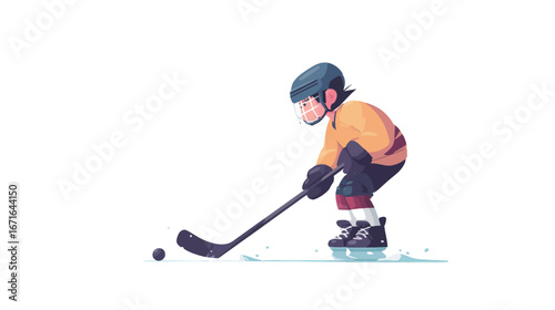 A young hockey player dressed in grey gear skillfully skates on the ice while handling a black puck. The scene captures the energy of practice and youthful enthusiasm for the sport.
