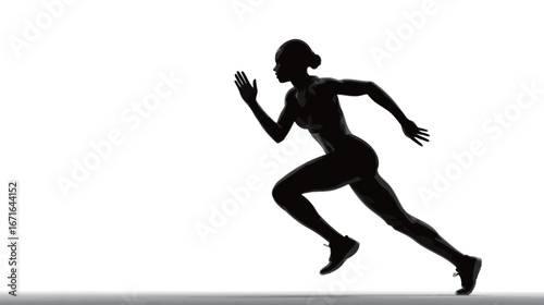 A woman is depicted in a running posture, her silhouette stark against a light background, capturing the essence of speed and determination during athletic training.