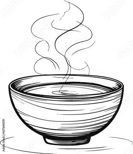 Minimal soup bowl line art vector, abstract doodle style with steam lines, simple black and white food sketch illustration