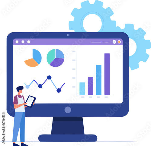 Person analyzing charts and graphs on a large computer monitor with gears above