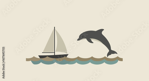 Dolphin Jumping Near Sailboat on Sea