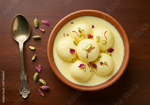Rasmalai Indian Dessert in Ceramic Bowl with Golden Spoon | Traditional Sweet Dish for Food Photography and Cultural Celebration
