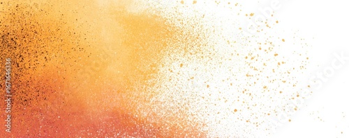 Orange powder explosion. Abstract dust cloud effect, transitioning from dark to light on a white background