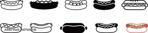 Set of hot dog icons in various styles, perfect for fast food, American cuisine, and grilling concepts.