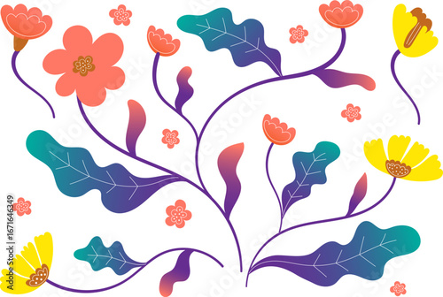 Modern Flat Illustration Colorful Floral and Botanical Arrangement with Gradient Style