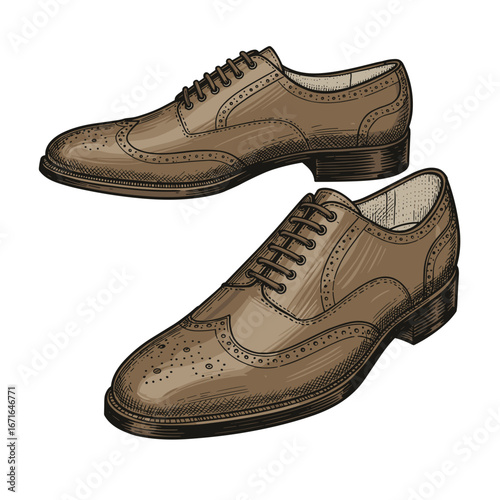 Brown leather dress shoes in classic brogue style  