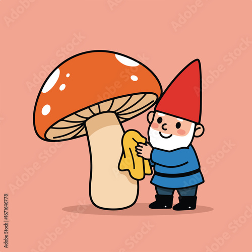 Gnome Cleans Mushroom at Home