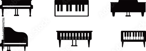 Set of piano icons and illustrations in different styles, representing music, instruments, and classical concepts.