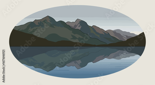 Mountains Reflect Calmly on Lake Surface in Oval Composition