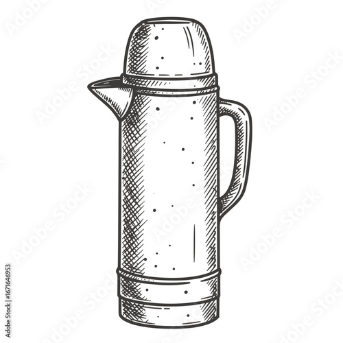 Vintage thermos bottle in sketch style with a handle and lid  